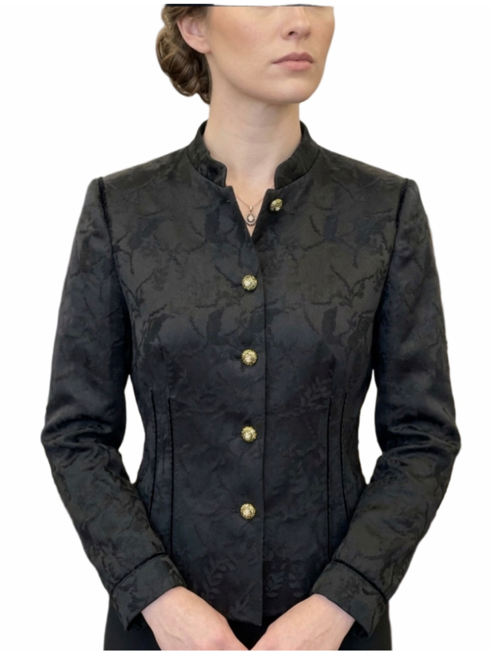 Kasper Black Brocade Jacquard Blazer Mandarin Collar Gold Button Suit Jacket S10
